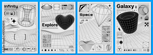 Brutalism posters with y2k forms and 3d retro shapes. Vector futuristic, minimalistic, brutal black and white templates with 3d wireframe grid patterns, including a cylinder, heart, diamond and torus