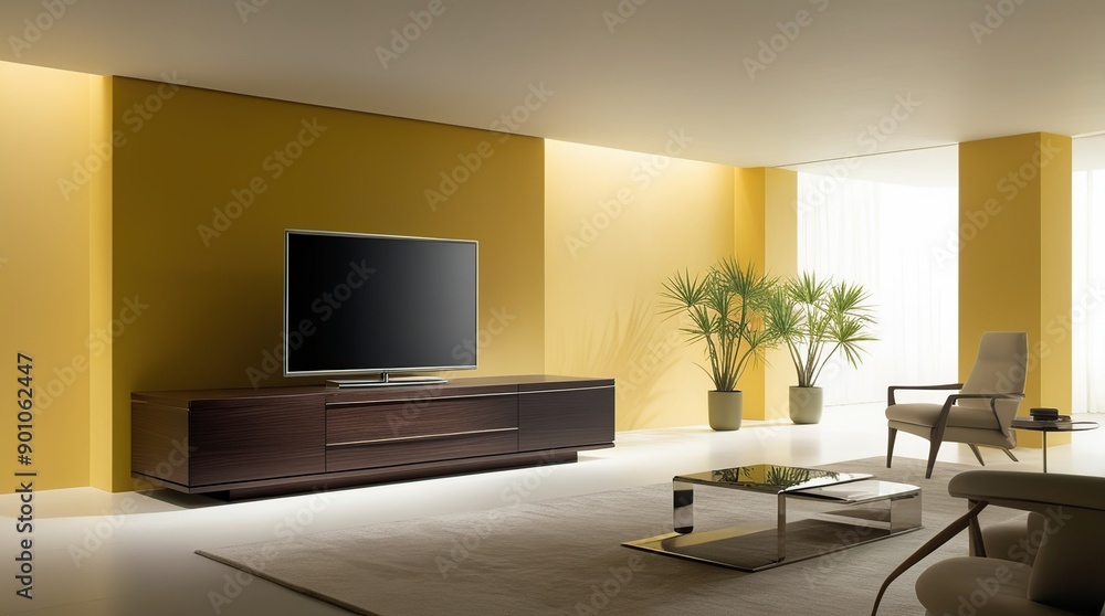 A sleek, modern living room showcases a sturdy, dark-brown wooden TV cabinet with clean lines and minimal ornamentation A sleek, modern living room showcases a sturdy, dark-brown wooden TV cabinet with clean lines and minimal ornamentation