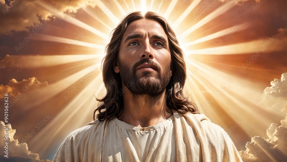 Jesus Christ in the sky, illuminated by warm sun rays, with a detailed pastel sky in the background, creating a dramatic and serene scene. Jesus Christ in the sky, illuminated by warm sun rays, with a detailed pastel sky in the background, creating a dramatic and serene scene.
