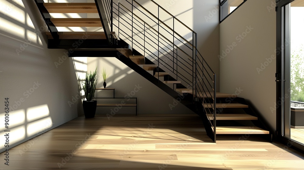 Stylish Contemporary Staircase with Wooden Steps and Black Railing: A Generative AI Perspective Stylish Contemporary Staircase with Wooden Steps and Black Railing: A Generative AI Perspective