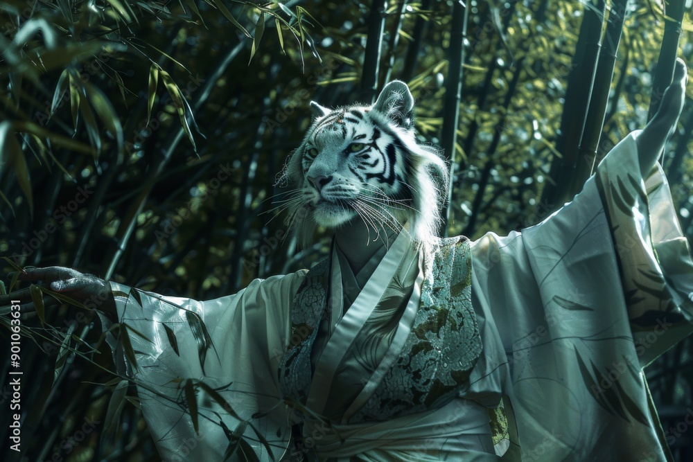 Fototapeta premium A tiger in a kimono is standing in front of a forest