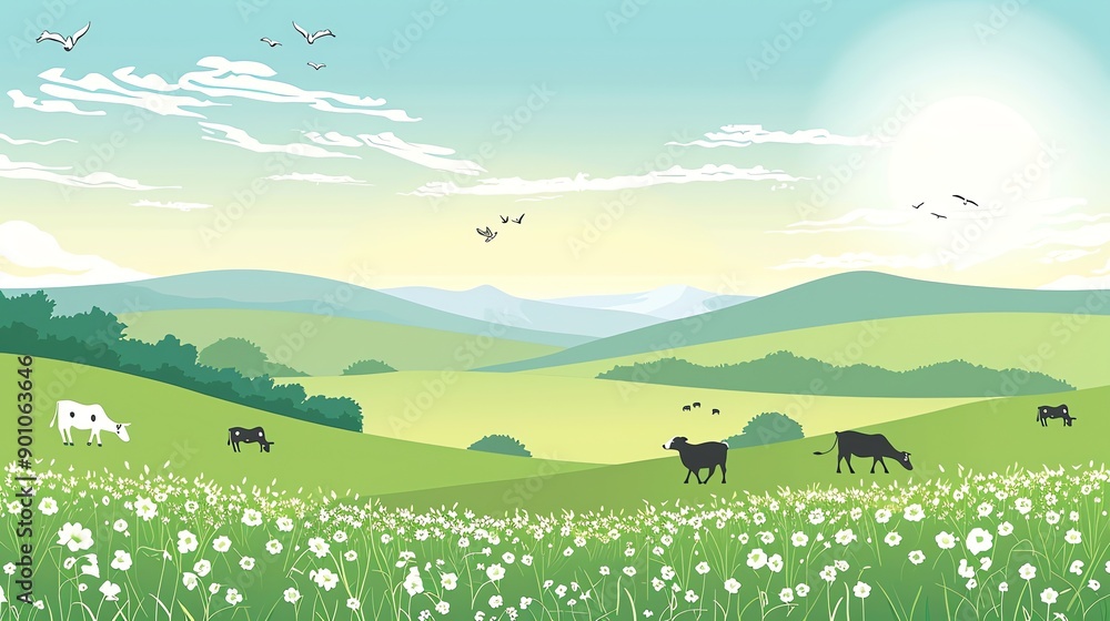 A cartoon landscape with cows grazing in a field and mountains in the distance. A cartoon landscape with cows grazing in a field and mountains in the distance.