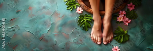 Well-groomed female feet with natural pedicure. Care procedures for the health and beauty of feet. Cosmetic spa banner with copy space