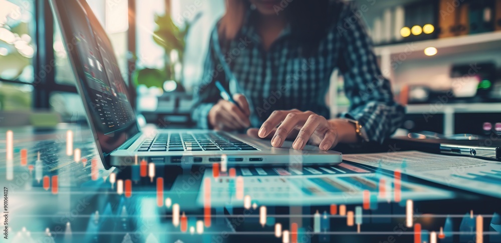 Financial Analysis: Woman Working on Laptop with Charts Financial Analysis: Woman Working on Laptop with Charts
