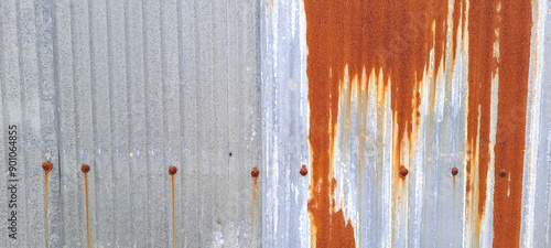 Old zinc vintage fence wall texture for background, pattern of rusty on metal panel.Tin Roof wall countryside 