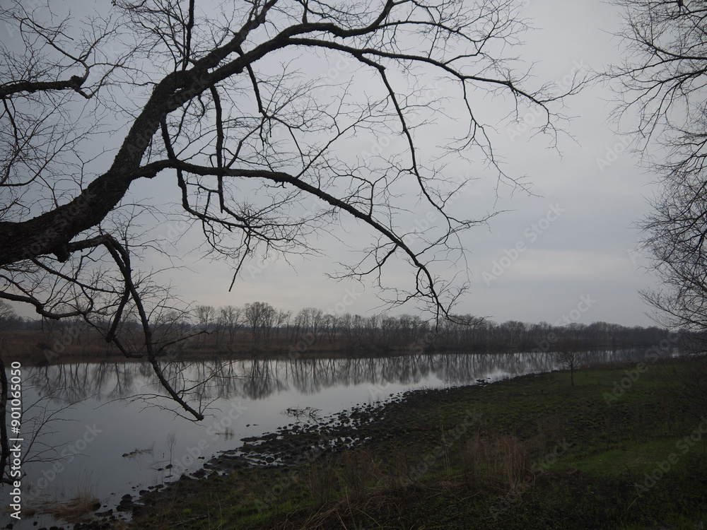 Tranquil Autumn river scenery with trees mirror reflections in still calm water and 