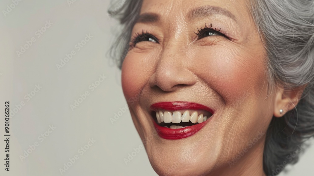 Close-up of a smiling woman with red lipstick and gray hair Close-up of a smiling woman with red lipstick and gray hair