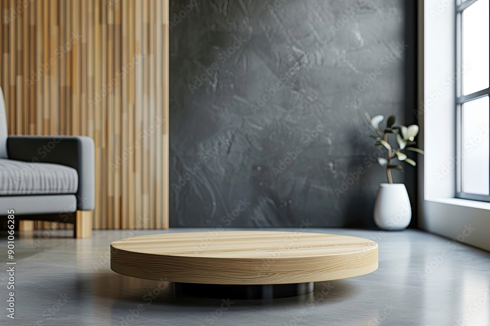 Fototapeta premium Wooden podium on table in living room interior with space with generative ai