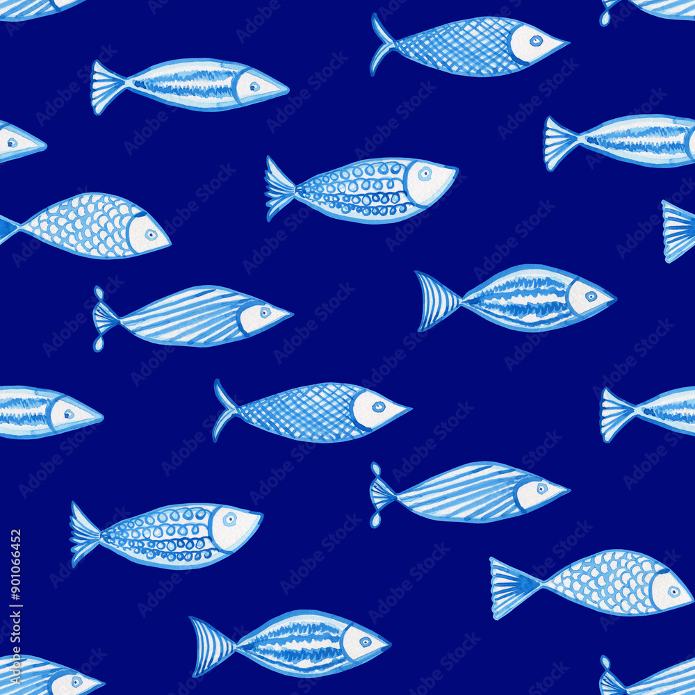 Blue abstract watercolor fish seamless pattern. Hand drawn sea creatures endless background. Summer monochrome illustration for wallpaper and fabric. Kids monochrome print. Blue abstract watercolor fish seamless pattern. Hand drawn sea creatures endless background. Summer monochrome illustration for wallpaper and fabric. Kids monochrome print.