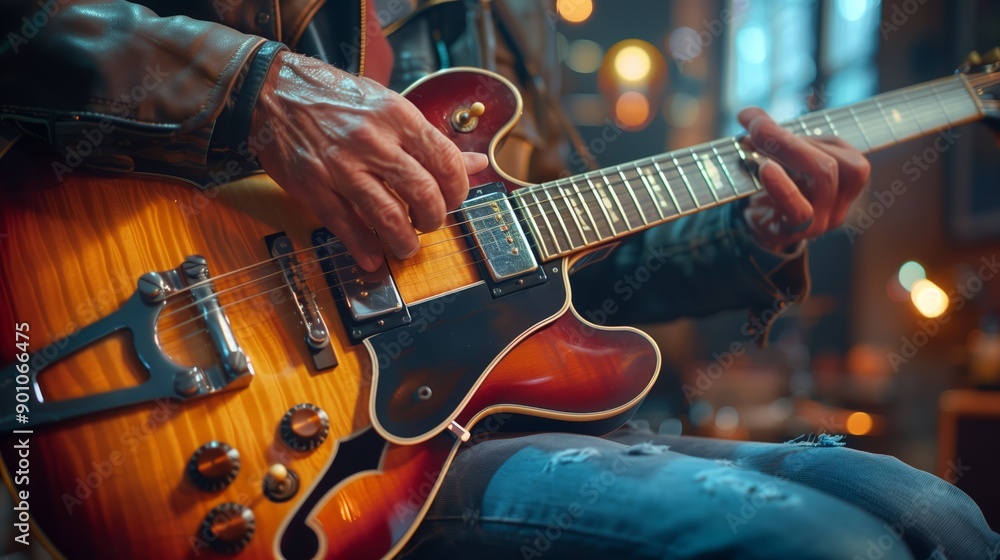 Fototapeta premium Timeless Jazz Guitar Scene Featuring Experienced Musician Performing Live With Warm Lighting And Deep Musical Expression