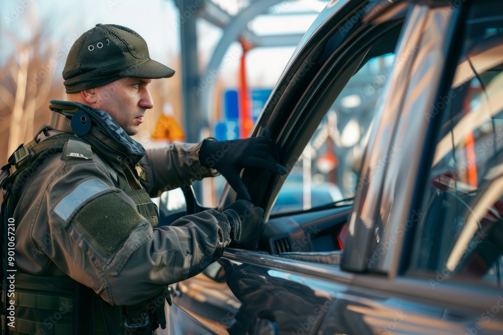 Portrait of a private guard inspecting a vehicle at a checkpoint, Generative AI Portrait of a private guard inspecting a vehicle at a checkpoint, Generative AI