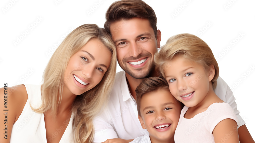 Cheerful family of four posing together isolated on white background Cheerful family of four posing together isolated on white background