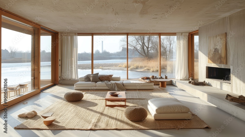 Light-filled minimalist living room with floor-to-ceiling windows Light-filled minimalist living room with floor-to-ceiling windows