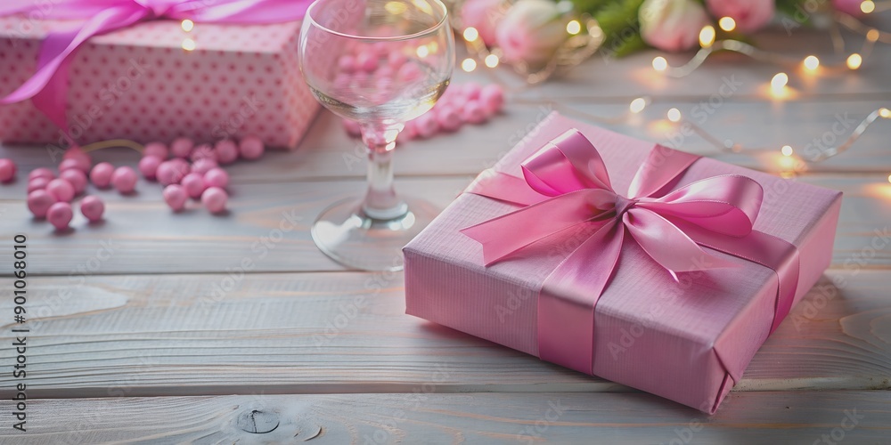 Pink Gift Box and Celebratory Elements on Table Creative AI, confetti, birthday, box, festive Pink Gift Box and Celebratory Elements on Table Creative AI, confetti, birthday, box, festive