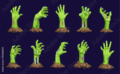 Cartoon zombie hand for Halloween, dead monster arms from grave, vector horror holiday icons. Zombie hands on evil cemetery, scary green bones and fingers of undead corpse on creepy graveyard