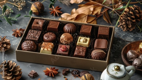 Gourmet chocolates arranged in a decorative gift box photo