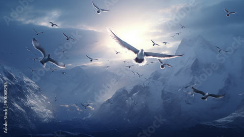 Flock of birds with soaring over a snowy mountain range photo