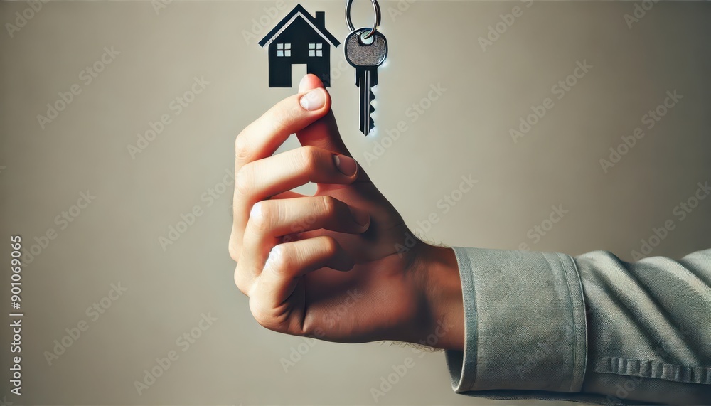 Fototapeta premium Hand Holding a Key with a House Icon Hanging on a Keychain - Real Estate Concept.