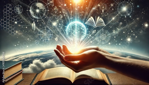 Hand Holding Glowing Earth Globe with Abstract Patterns and Open Book - Knowledge, Wisdom and Enlightenment Concept. photo