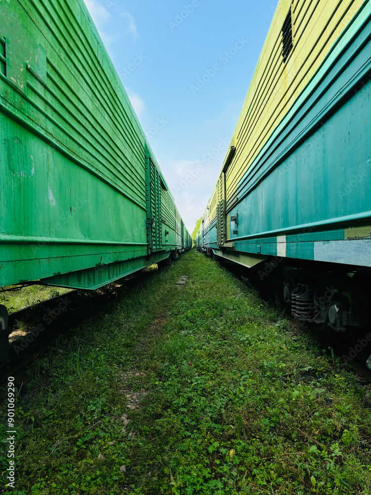 Obraz premium railway between two trains which in different directions, train the meeting of two opposite