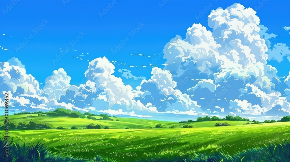 Obraz premium Anime-style nature scene with a green field, blue sky, and fluffy clouds, ideal for wallpapers.