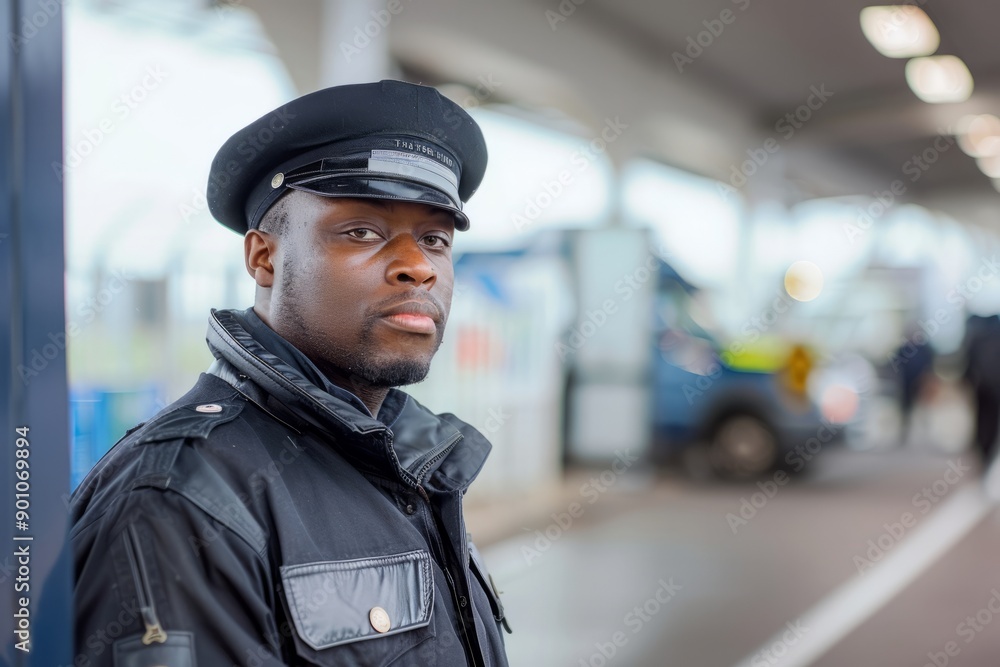 Portrait of a private guard standing at a security checkpoint, Generative AI Portrait of a private guard standing at a security checkpoint, Generative AI