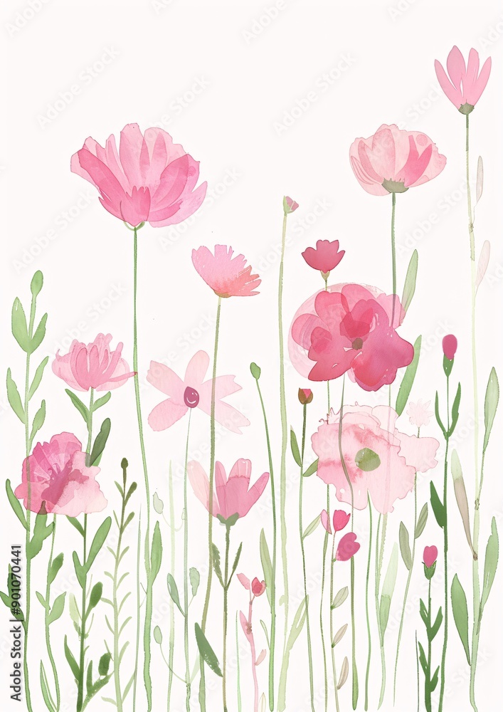 Watercolor Pink Flowers on White Background. Watercolor Pink Flowers on White Background.