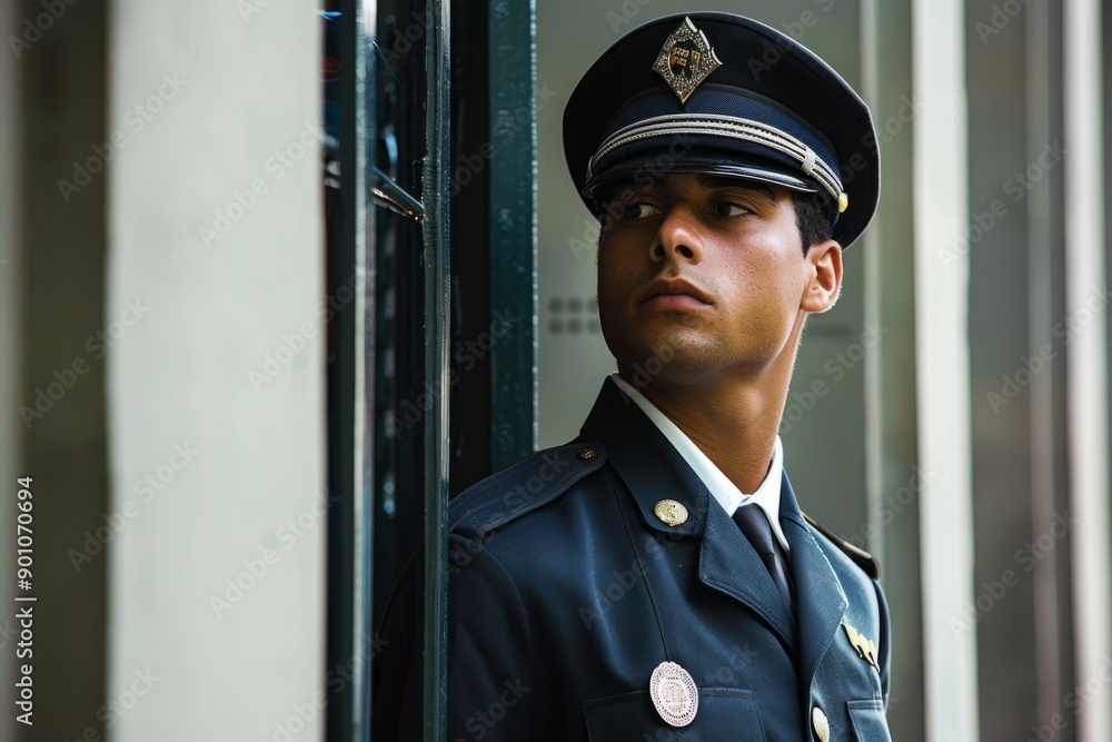 Portrait of a private guard standing by a secure entrance, Generative AI Portrait of a private guard standing by a secure entrance, Generative AI