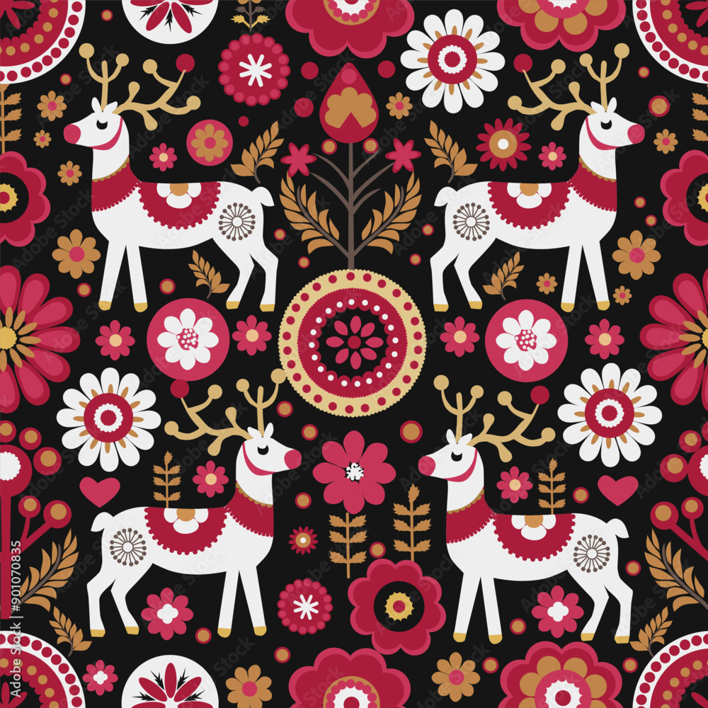 Fototapeta premium white deer in an ornament with red flowers. seamless pattern