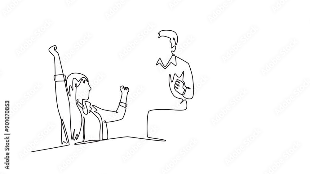 Office workers joy at work. Career, business achievement concept. Single line draw design. Full length animation illustration. High quality 4k footage. Office workers joy at work. Career, business achievement concept. Single line draw design. Full length animation illustration. High quality 4k footage.