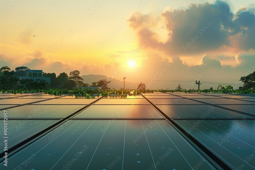 Fototapeta premium Solar Panels at Sunset with Cloudy Sky and Trees