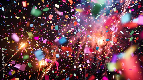 A burst of confetti and sparklers in a dark setting.