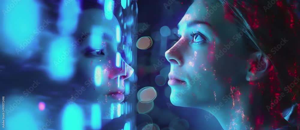 AI cybersecurity threat illustration: Female IT specialist analyzing data. AI cybersecurity threat illustration: Female IT specialist analyzing data.