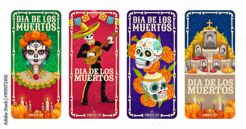 Social media history screen template for Mexican day of the dead dia de los muertos Vector banners with holiday characters Catrina, calavera sugar skulls, mariachi skeleton, altar and marigold flowers
