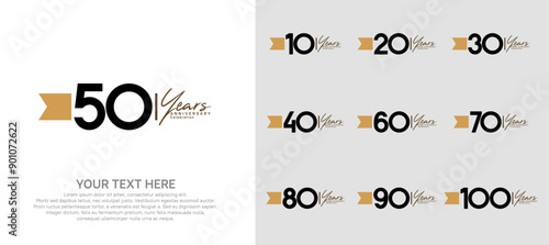 anniversary logotype set. black number and brown ribbon for celebration