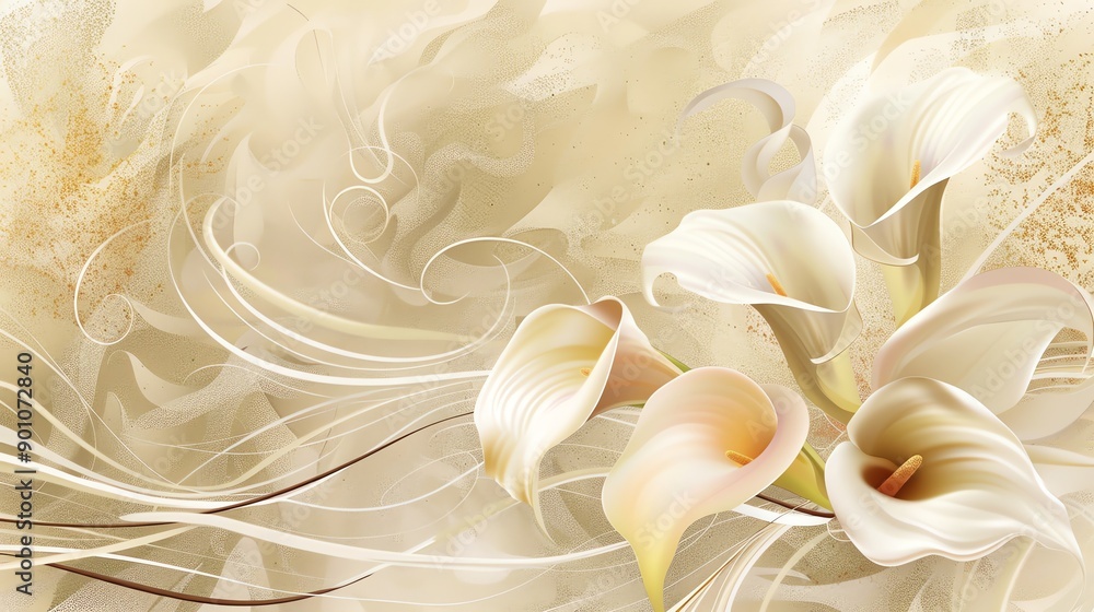 Fototapeta premium A floral design with white calla lilies on a beige background.