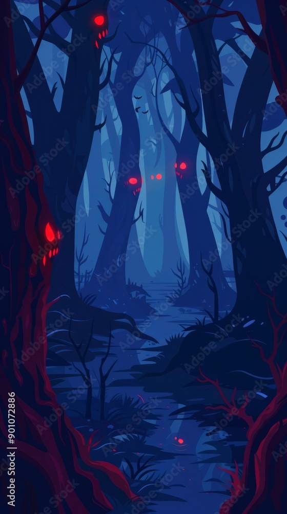 Fototapeta premium Eerie Forest with Red-Eyed Trees and a Dark Creek