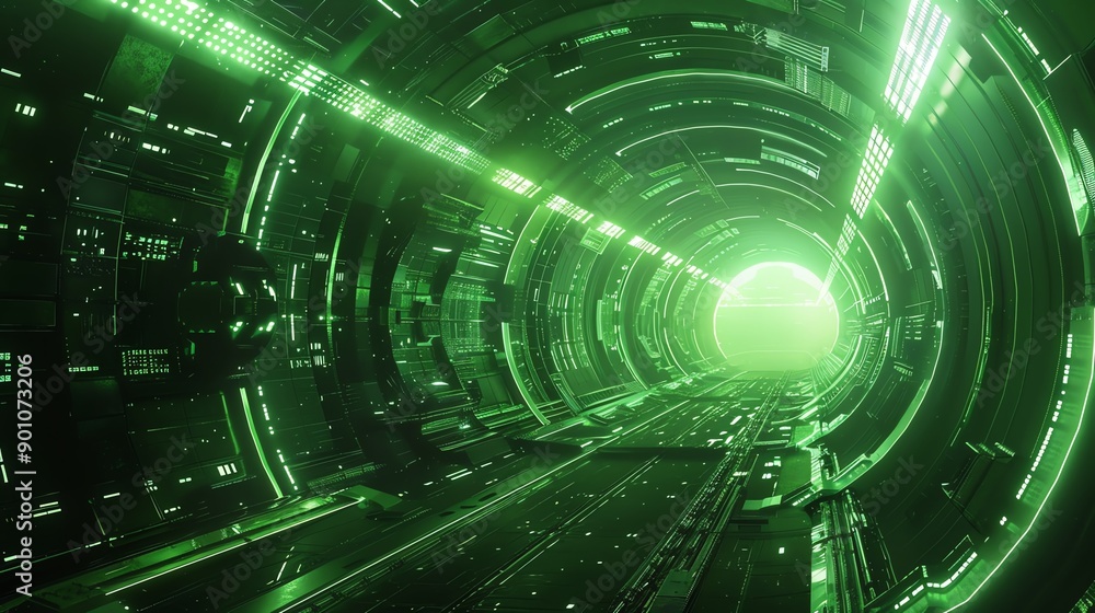 Abstract tunnel background featuring green influence, technological evolution, and innovation Abstract tunnel background featuring green influence, technological evolution, and innovation