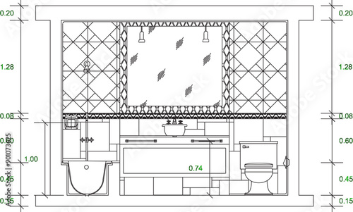 Vector sketch illustration, silhouette drawing, detailed design, architectural construction drawing, bathroom interior