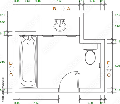 Vector sketch illustration, silhouette drawing, detailed design, architectural construction drawing, bathroom interior