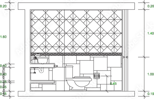 Vector sketch illustration, silhouette drawing, detailed design, architectural construction drawing, bathroom interior