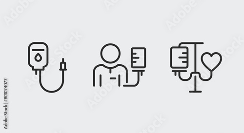 IV Drip, Patient, Infusion icons. Medical treatment icons set. IV Drip Bag, Patient with IV, Infusion Stand with Heart icons isolated on white background. Vector illustration.