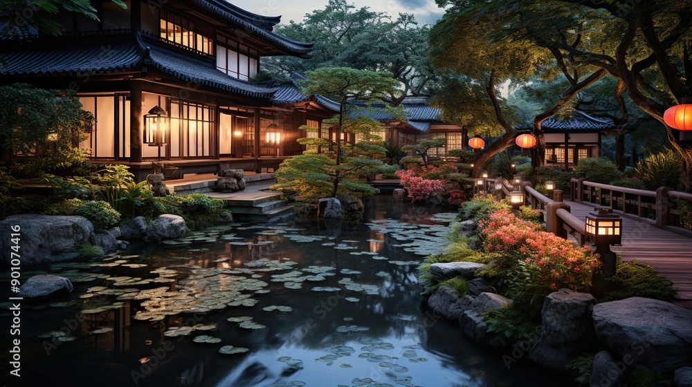 Serene Japanese Garden at Twilight Serene Japanese Garden at Twilight