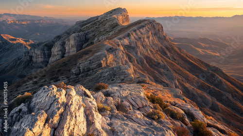 A rugged, craggy mountain peak bathed in the golden light of sunset, with dramatic rock formations and a vast, open sky transitioning from orange to deep blue. photo