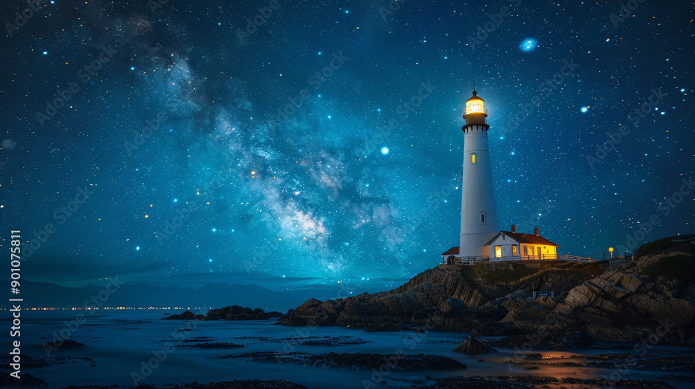 A tall lighthouse stands on the water's edge, surrounded by a sea of stars overhead. It exudes a sense of tranquility and safety. A tall lighthouse stands on the water's edge, surrounded by a sea of stars overhead. It exudes a sense of tranquility and safety.