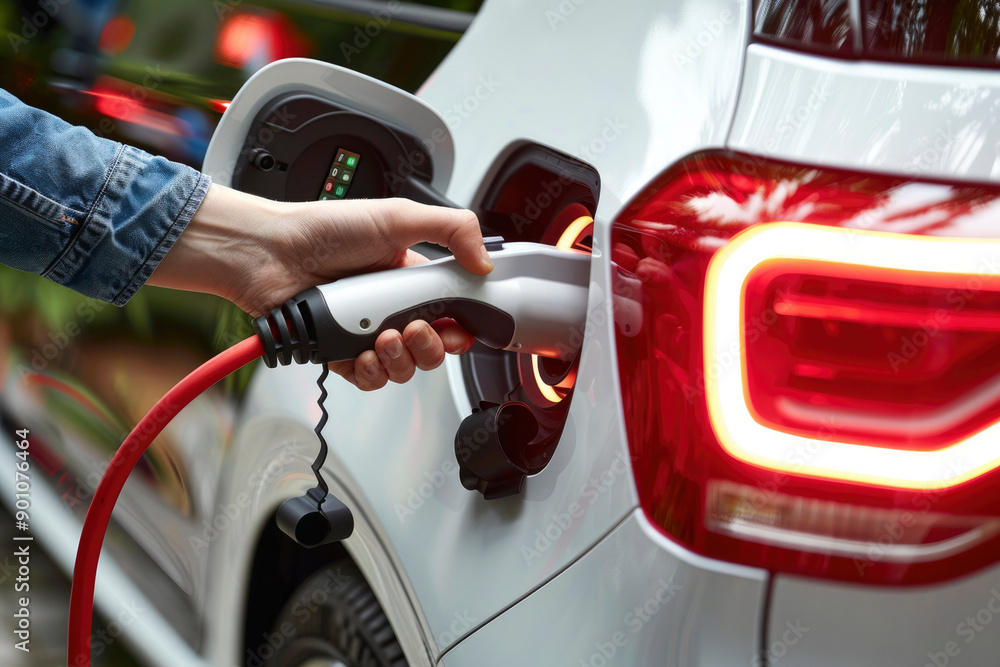 Hand Holding an Electric Vehicle Charging Cable Plugged into a White Car Hand Holding an Electric Vehicle Charging Cable Plugged into a White Car