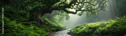 A large tree with a thick trunk and many branches is growing next to a river