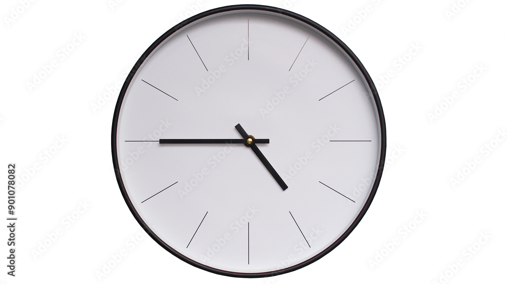 Minimalist White face and Black frame Wall Clock on White background - Perfect for Time Management and Scheduling Concepts - 16.45, 4.45 Minimalist White face and Black frame Wall Clock on White background - Perfect for Time Management and Scheduling Concepts - 16.45, 4.45
