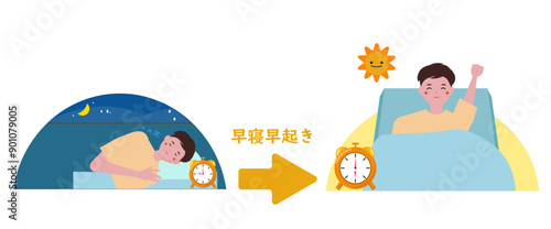 早寝早起きをする男性。生活習慣を整える。ベクターイラスト