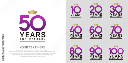 anniversary logotype set. purple color and golden crown can be use for celebration event